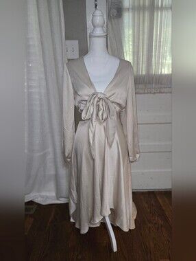 Tie-Front Long Sleeve Midi Dress in Light Champagne